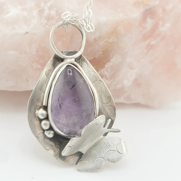 AMETHYST BUTTERFLY PENDANT HANDMADE IN STERLING STERLING AND STERLING CHAIN 18" - Picture 4 of 5